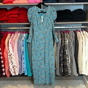 J Crew blue and paisley print long sleeve v neck dress size 0 NWT